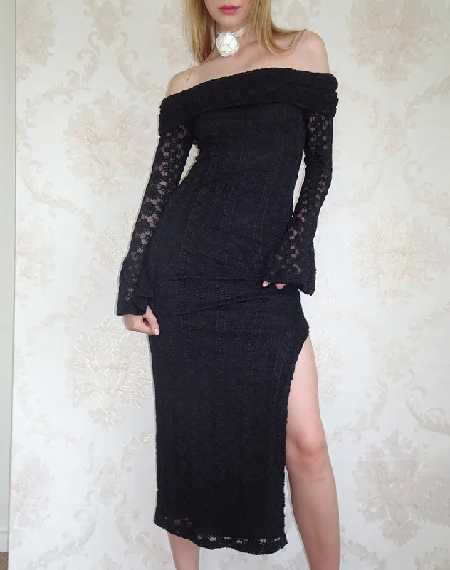 Philippa Maxi Dress in Black Regal Lace Trendy Maxi Dress with Bow