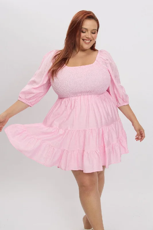 Pink Shirred Bodice Puff Sleeve Tiered Mini Dress Classic Casual Mini Dress