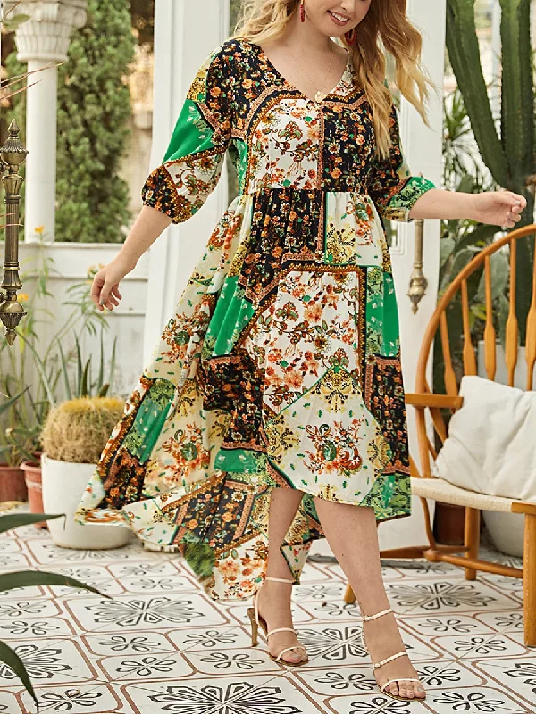 Plus Size V-Neck Floral Scarf Print Dip Hem Maxi Dress Stylish One-Shoulder Maxi Dress
