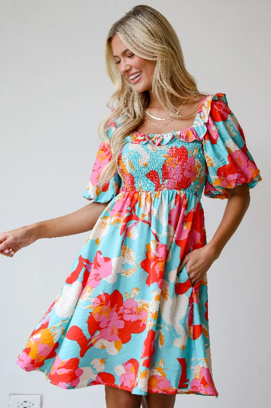 FINAL SALE - Prettiest Approach Aqua Floral Mini Dress Cozy Cotton Mini Dress