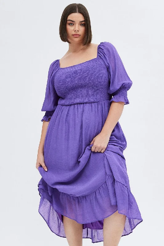 Purple Maxi Dress Half Sleeve Shirred Elegant Maxi Dress with Slit