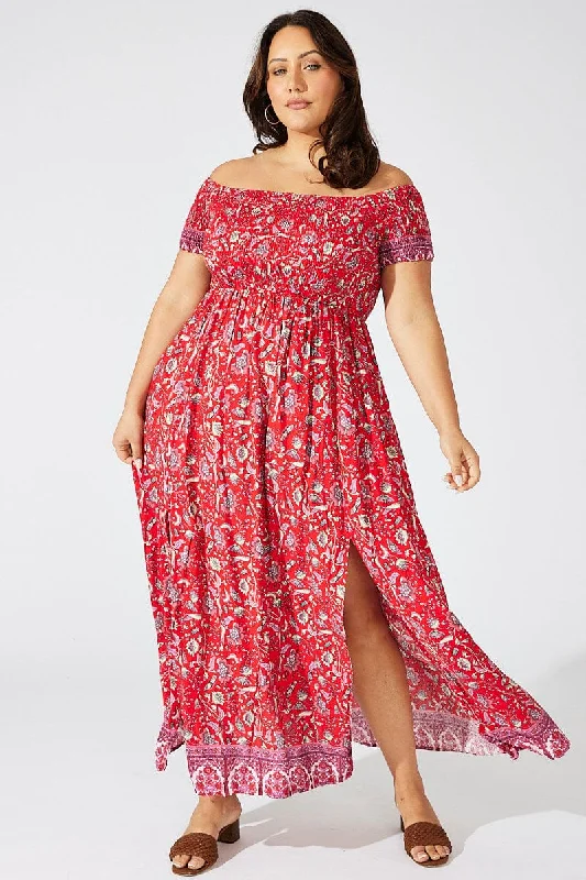 Red Boho Maxi Dress Short Sleeve Shirred Chic Summer Floral Maxi Dress