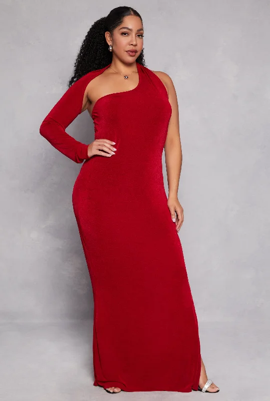 Plus Size Asymmetrical One Shoulder Maxi Dress Comfortable Ruffle Hem Maxi Dress