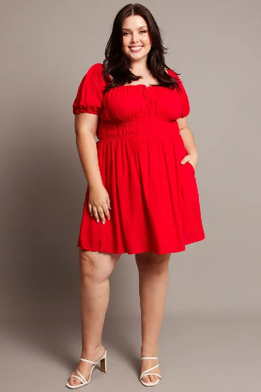 Red Tie Front Scoop Neck Mini Dress Comfortable Polka Dot Mini Dress