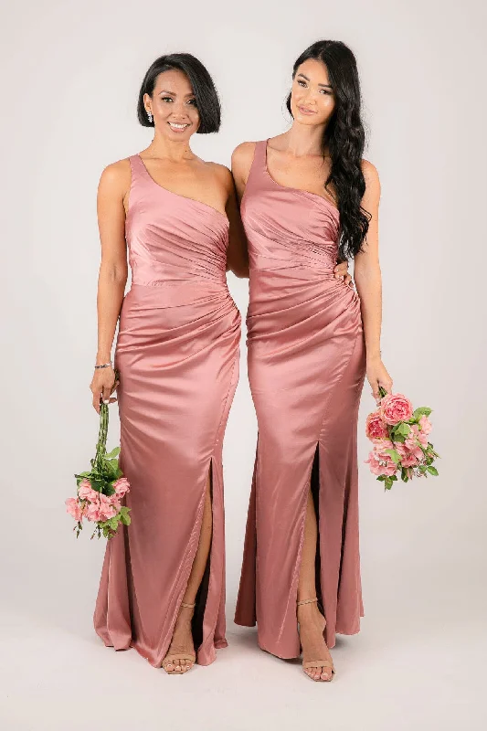 SELENE One Shoulder Satin Maxi Dress - Dusty Pink Stylish Maxi Dress with Frills