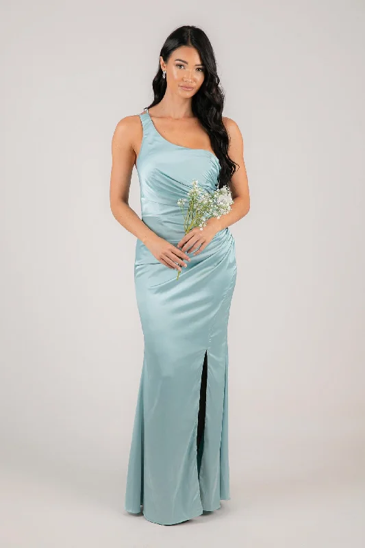 SELENE One Shoulder Satin Maxi Dress - Ice Blue Fashionable Sheer Maxi Dress