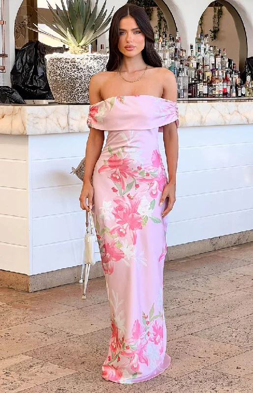 Seraphina Pink Floral Print Off The Shoulder Maxi Dress Stylish Off-Shoulder Maxi Dress