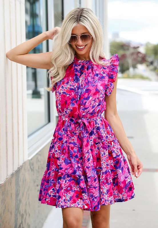 Sincerely Romantic Fuchsia Floral Mini Dress Fashionable Summer Mini Dress