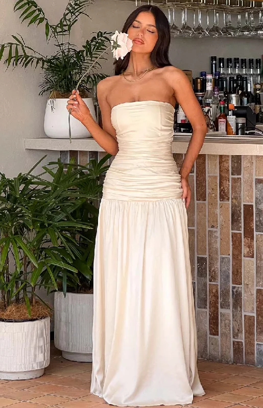 Sinclair Cream Satin Strapless Maxi Dress Fashionable Sleeveless Maxi Dress