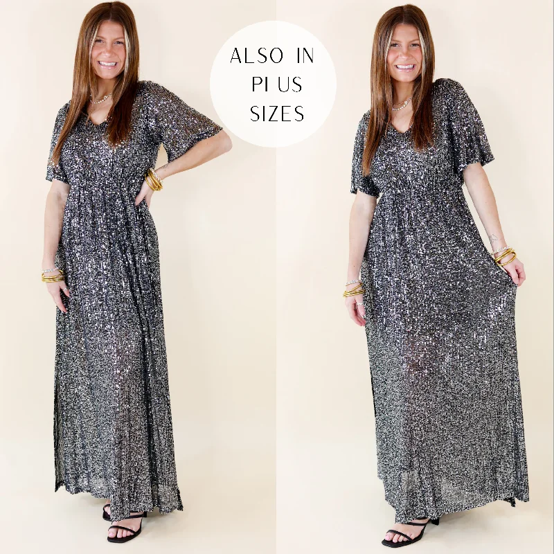 Sparkle In The City Short Sleeve Sequin Maxi Dress in Black Stylish Button-Up Maxi Dress