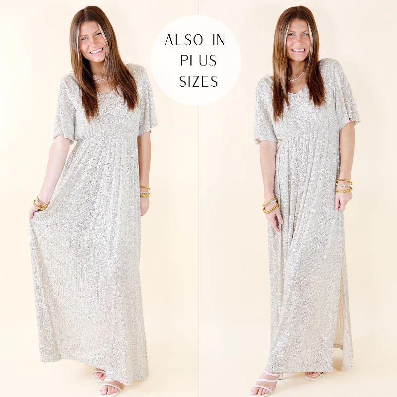 Sparkle In The City Short Sleeve Sequin Maxi Dress in Champagne Comfortable Bohemian Maxi Dress