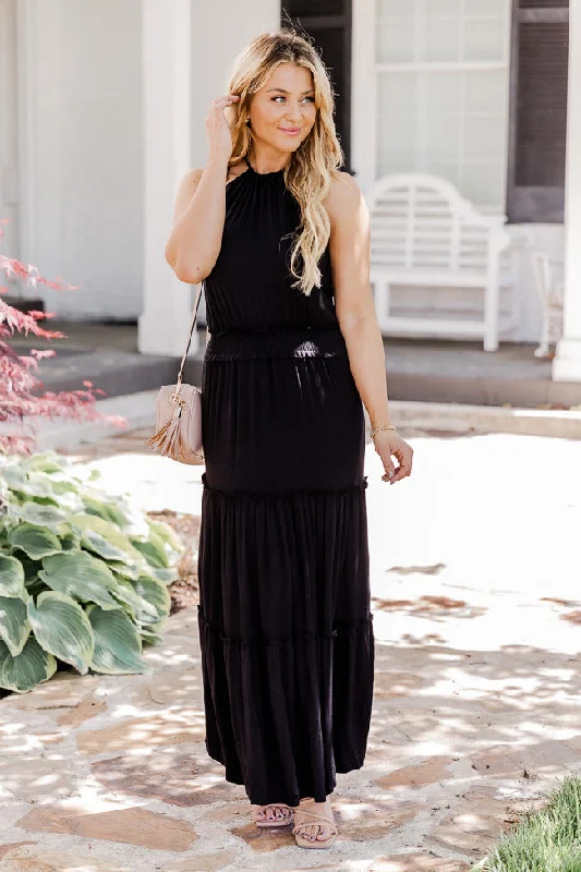 Stay A While Black Halter Neck Maxi Dress FINAL SALE Elegant Maxi Dress with Drapes