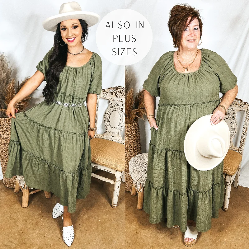 Sweetest Moments Ruffle Tiered Maxi Dress in Olive Green Trendy Button Front Maxi Dress