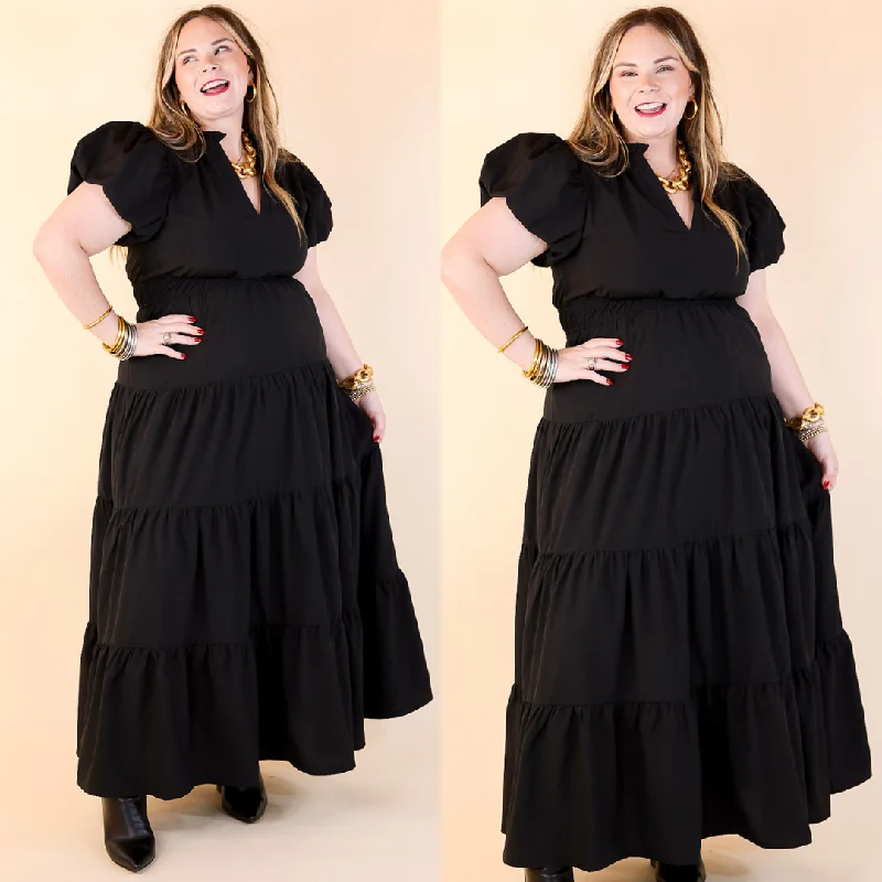 Table for Two Tiered Maxi Dress with Puff Sleeves in Black Stylish Maxi Dress with Pleats