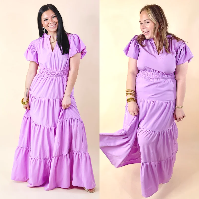 Table for Two Tiered Maxi Dress with Puff Sleeves in Lavender Purple Stylish V-Neck Maxi Dress