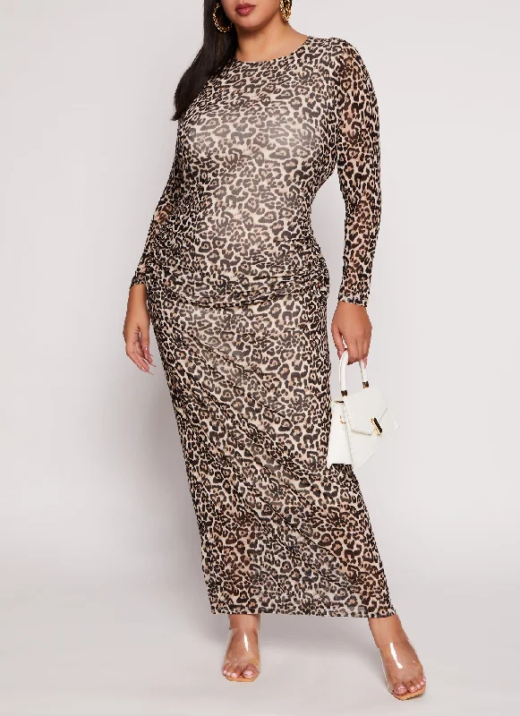 Plus Size Almost Famous Animal Print Mesh Maxi Dress Cozy Maxi Dress with Slit
