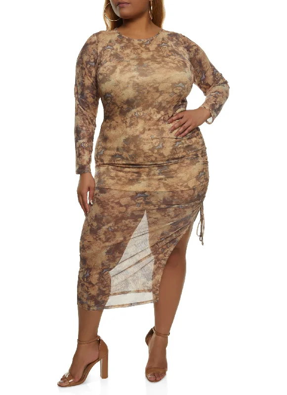 Plus Size Mesh Printed Side Slit Maxi Dress Chic Sleeveless Maxi Dress