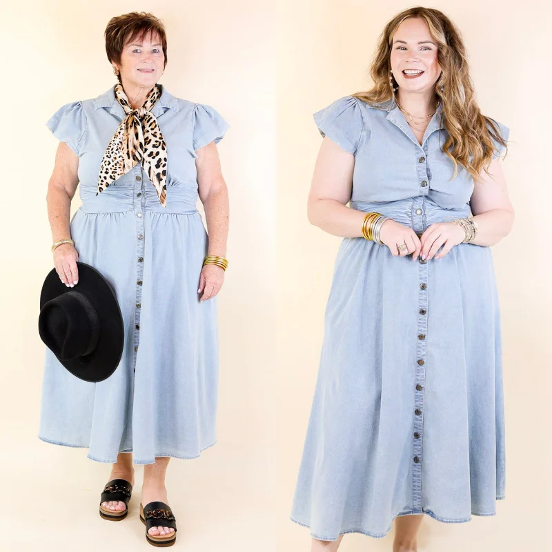 Timeless Threads Midi Maxi Dress with Smocked Bodice in Light Wash Cozy Maxi Dress with Slit