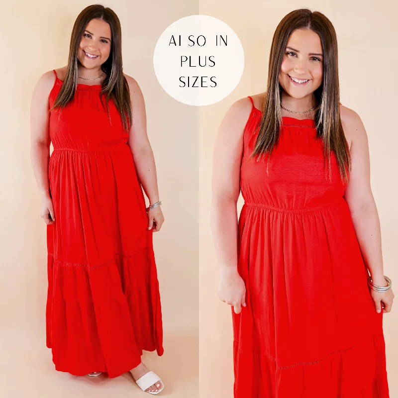 Tranquil Tides Tiered Maxi Dress in Red Stylish Pleated A-Line Maxi Dress