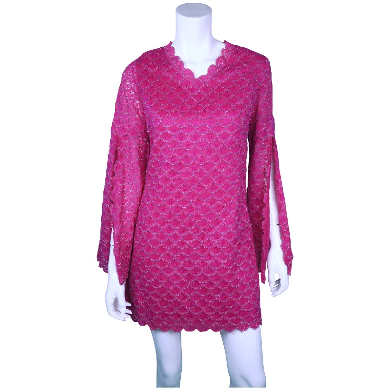 Vintage Mod Go Go Mini Dress Magenta Pink w Silver Festoons & Split Sleeves Sz M Elegant Mini Dress with Pleats
