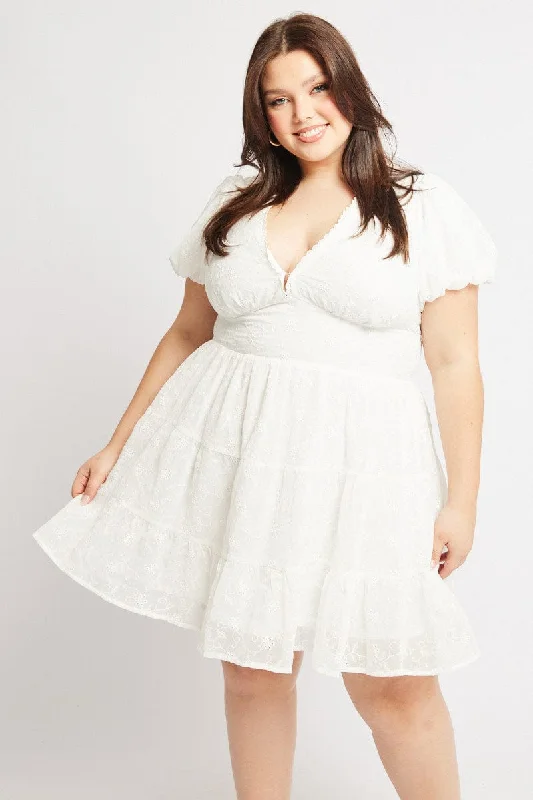 White Embroidered Tiered Mini Dress Cozy Knitted Mini Dress