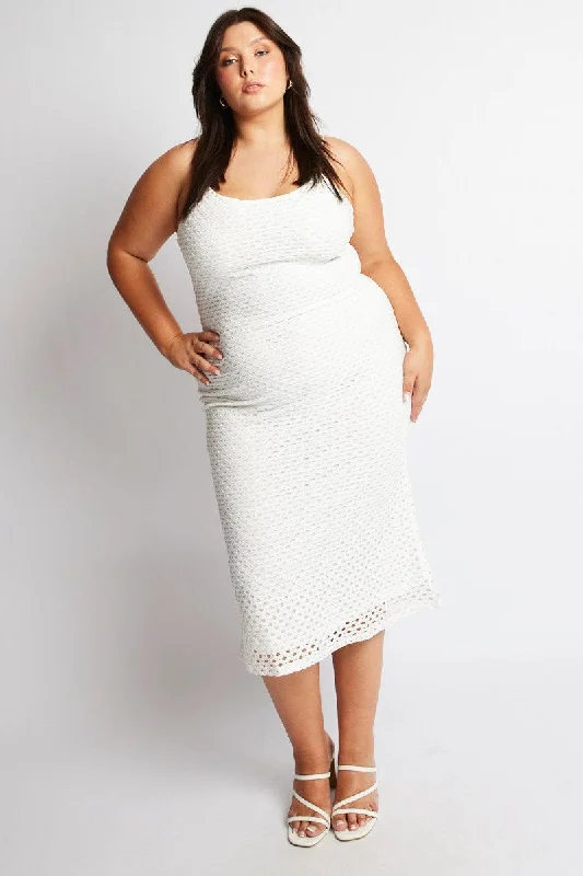 White Open Knit Bodycon Maxi Dress Stylish Boho Chic Maxi Dress