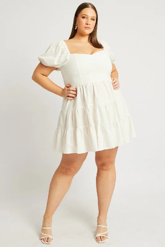 White Puff Sleeve Mini Dress Sweetheart Neck Fashionable Polka Dot Mini Dress