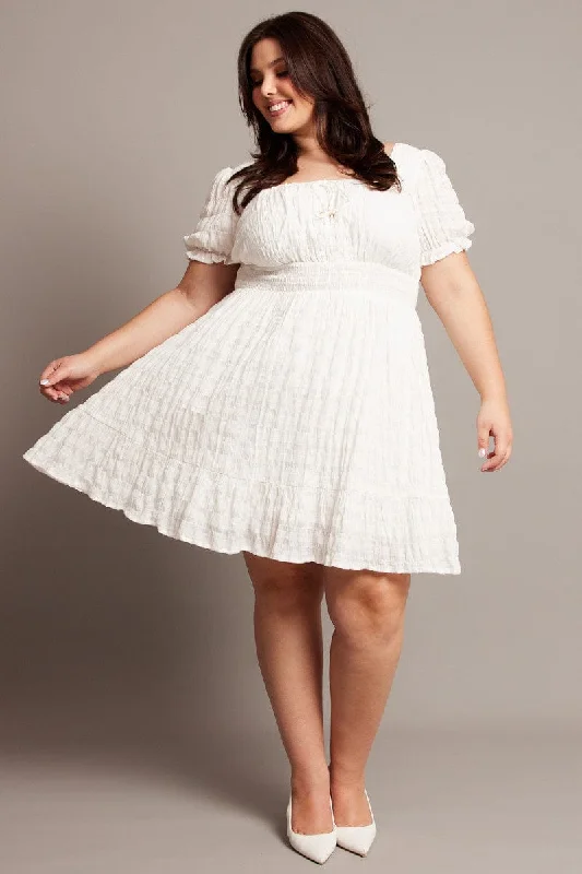 White Textured Check Cotton Blend Shirred Waist Mini Dress Stylish Button-Down Mini Dress