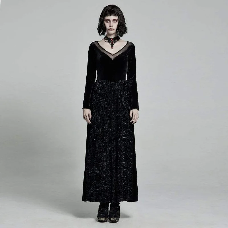 Women's Victorian Gothic Flare Sleeved Velet Maxi Dresses Stylish V-Neck Maxi Dress