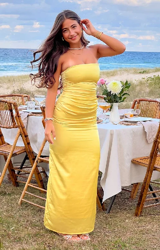 Yellow Bloom Satin Strapless Maxi Dress Stylish A-Line Maxi Dress