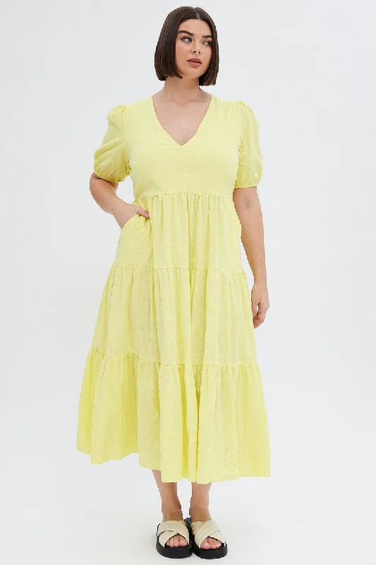 Yellow Maxi Dress Tiered Puff Sleeve V-neck Cozy Open-Back Maxi Dress