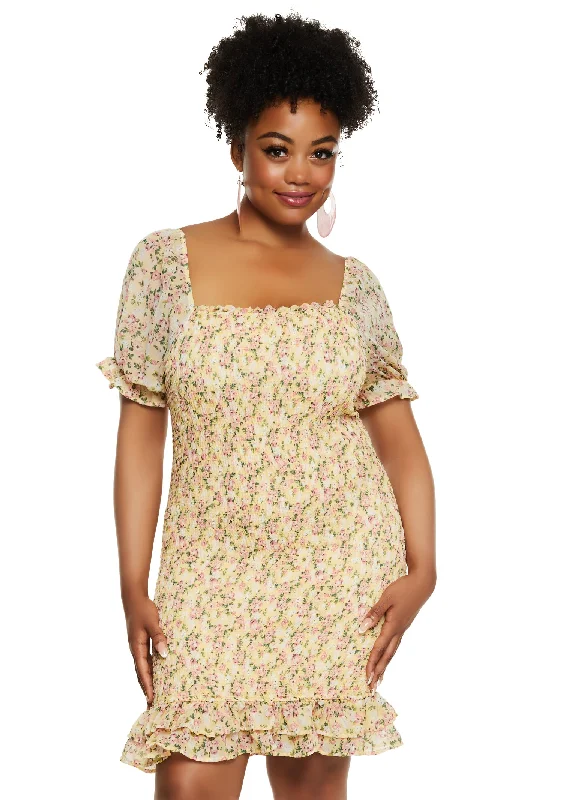 Plus Size Haute Monde Floral Print Smocked Mini Dress Cozy Satin Mini Dress
