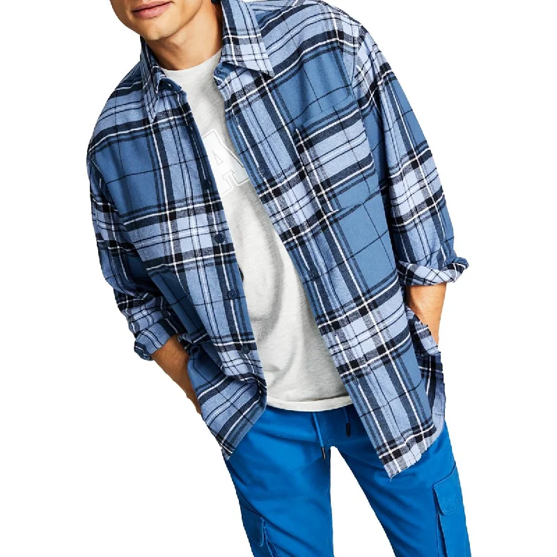 And Now This Mens Flannel Plaid Button-Down Shirt Trendy Ruffled Short Sleeve