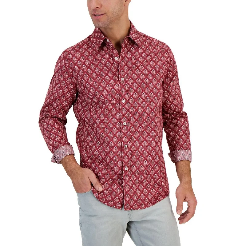 Club Room Mens Cotton Printed Button-Down Shirt Relaxed Fit Short Blouse