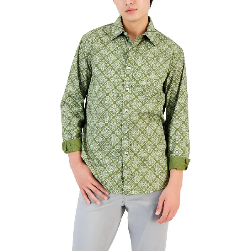 Club Room Mens Cotton Printed Button-Down Shirt Relaxed Button-Down Short Shirt