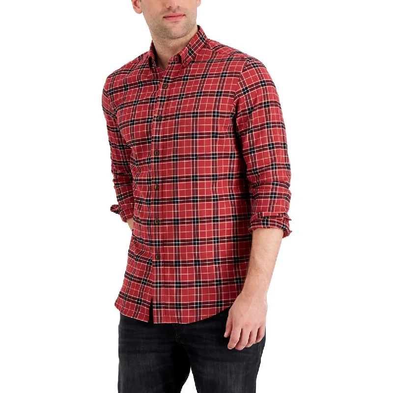Club Room Mens Plaid Collared Button-Down Shirt Trendy Turtleneck Short Shirt
