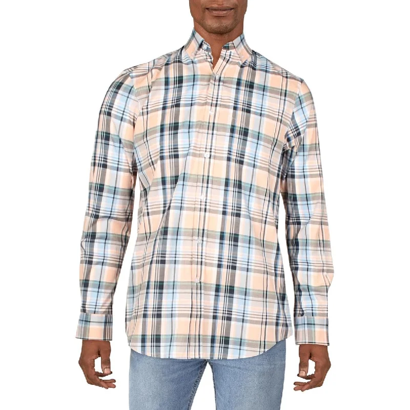 Club Room Mens Plaid Stretch Button-Down Shirt Relaxed Cotton Short Blouse