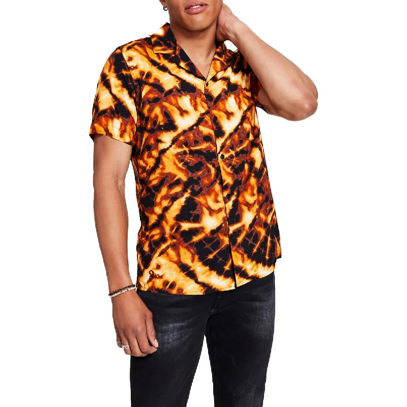 INC Mens Collared Tie-Dyed Button-Down Shirt Chic Embellished Short Sleeve