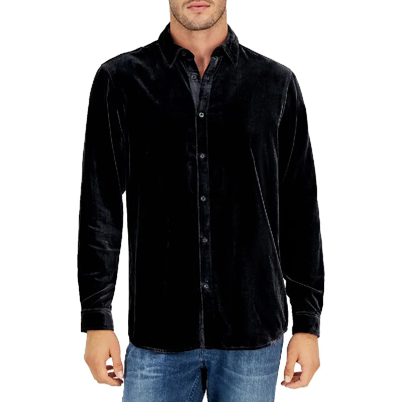 INC Mens Velvet Crinkled Button-Down Shirt Elegant Draped Short Sleeve