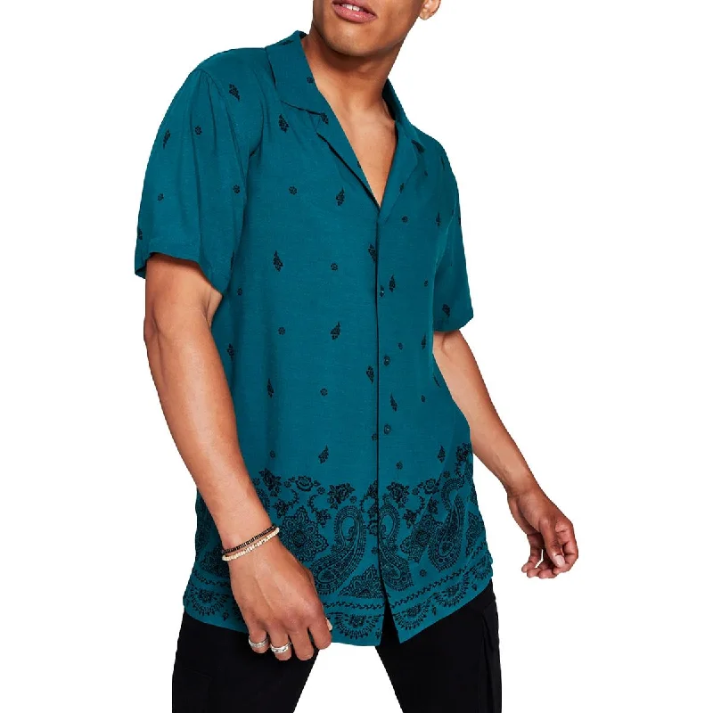 And Now This Mens Woven Paisley Button-Down Shirt Cozy Plain Short Sleeve