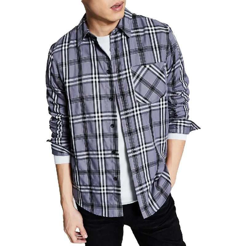 And Now This Mens Woven Plaid Button-Down Shirt Modern Casual Short Sleeve