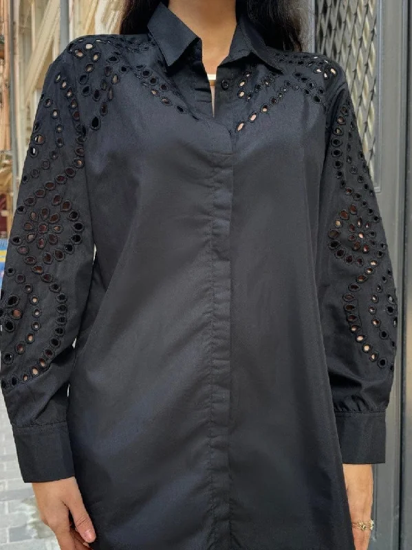 Black Cutwork Poplin Shirt Stylish Short Sleeve Top
