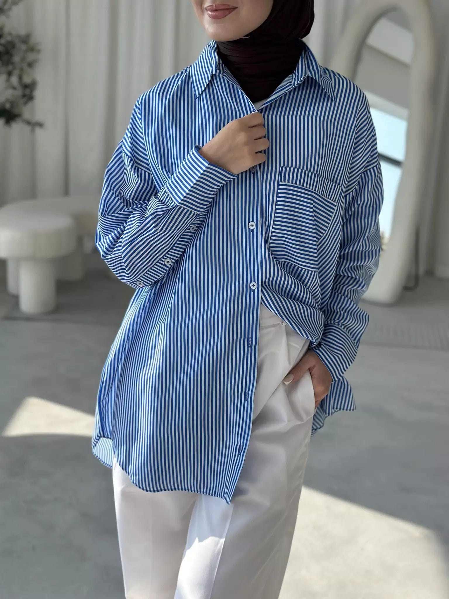 Blue and White Boyfriend Stripe Shirt Stylish Casual Short Tee