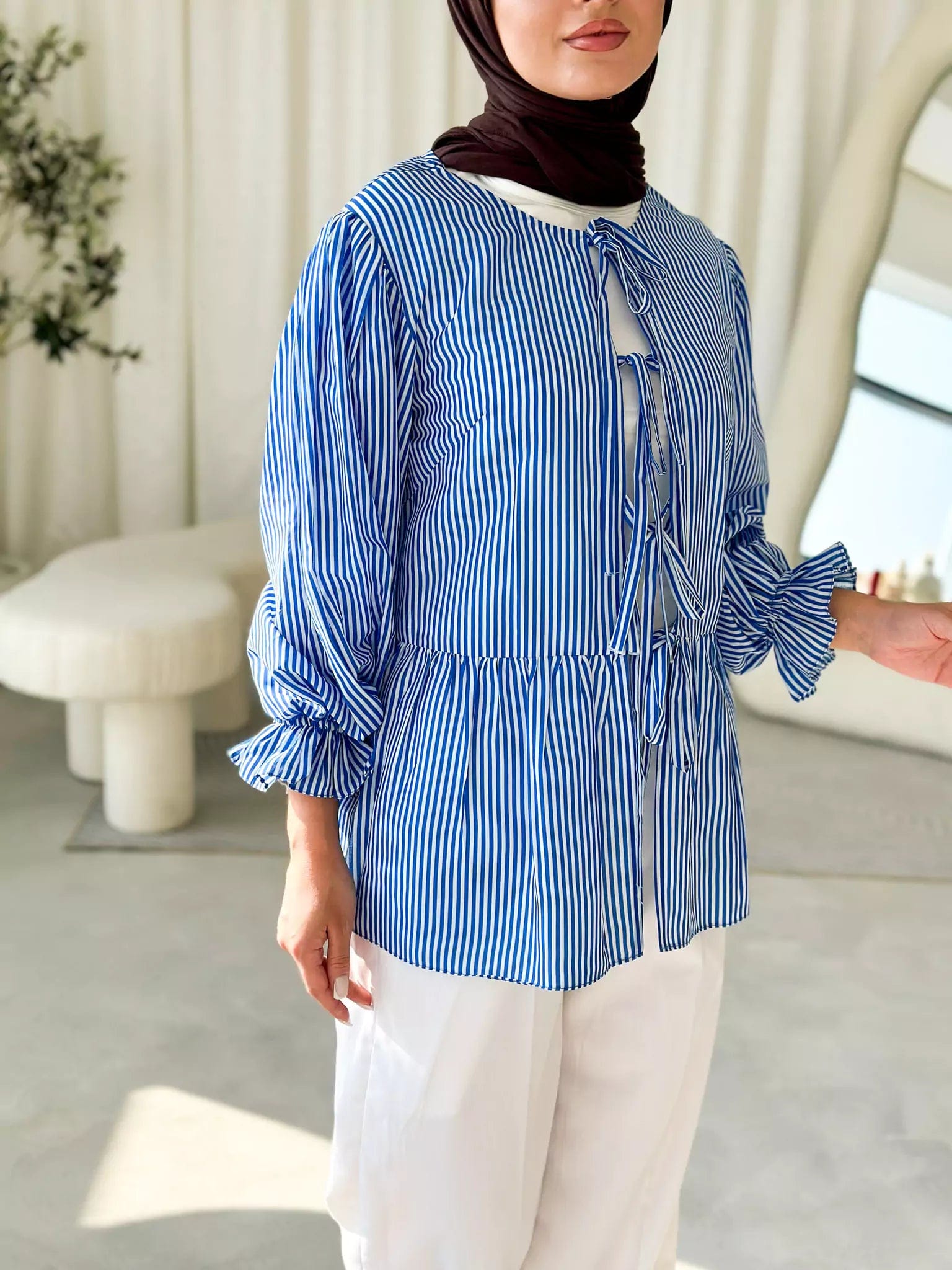 Blue Coquette Stripes Shirt Fashionable Tied Short Sleeve