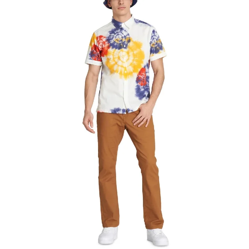 Caterpillar Mens Cotton Tie-Dye Button-Down Shirt Trendy Button-Front Short Sleeve