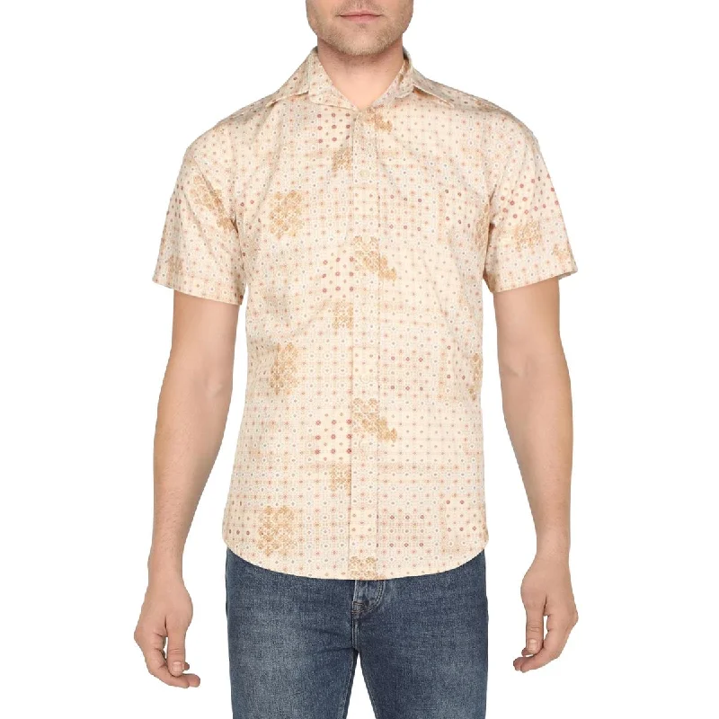 Club Room Mens Brook Cotton Printed Button-Down Shirt Stylish Casual Short Tee