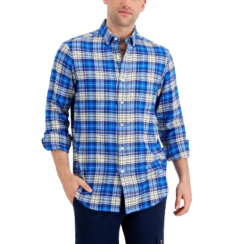 Club Room Mens Buffalo Flannel Cotton Button-Down Shirt Stylish Split-Hem Short Shirt