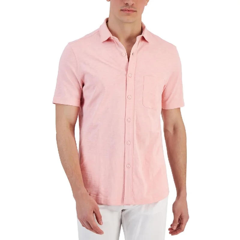 Club Room Mens Cotton Collared Button-Down Shirt Soft Silk Short Sleeve