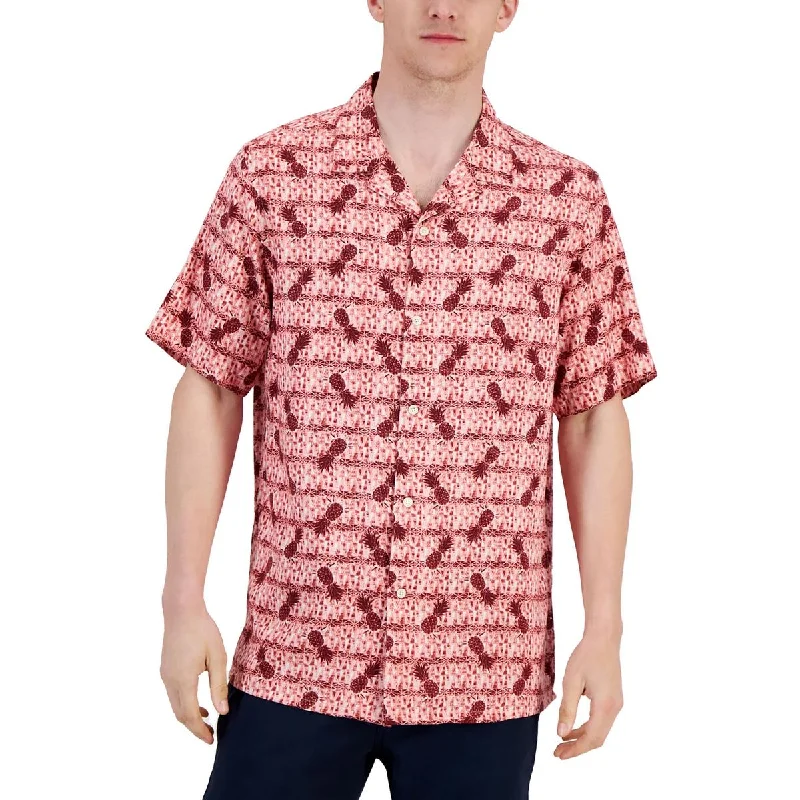Club Room Mens Elevated Collar Printed Button-Down Shirt Elegant High-Low Short Shirt
