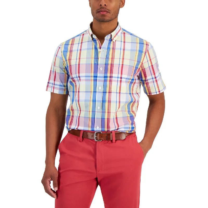Club Room Mens Epsuma Plaid Stretch Button-Down Shirt Relaxed Fit Short Blouse